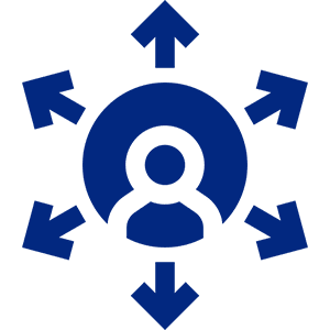 Person icon with outward arrows on black.